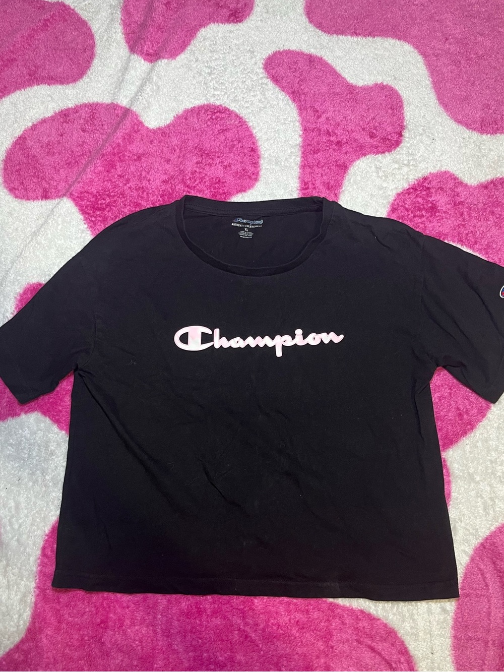 Champion Black Short Sleeve Tee with Pink Logo